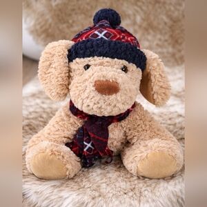 Plush GT Puppy Dog Stuffed Animal w/ Knit Hat & Plaid Scarf Winter Holiday Toy